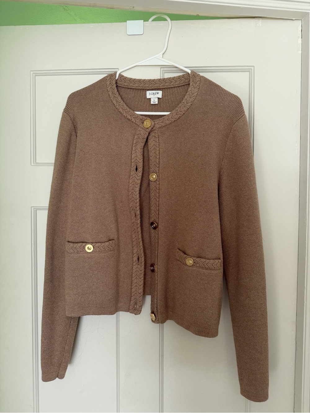 J. Crew Tan Brown Braided-Trim Button Cardigan